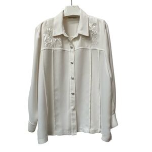 Elegant Ivory Embroidered Yoke Button Up Blouse Top Shirt 1X Drapers & Damons